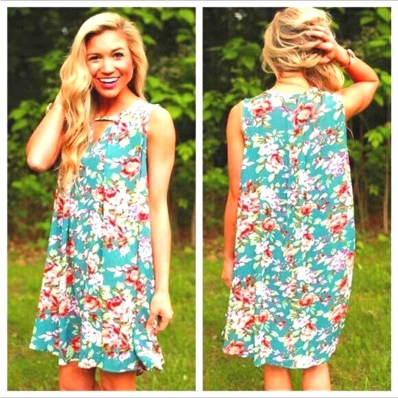 Umgee Mini-Dress Teal Orange/White Flowers, 1 Button Neckline & Loophole, Small - Picture 2 of 9